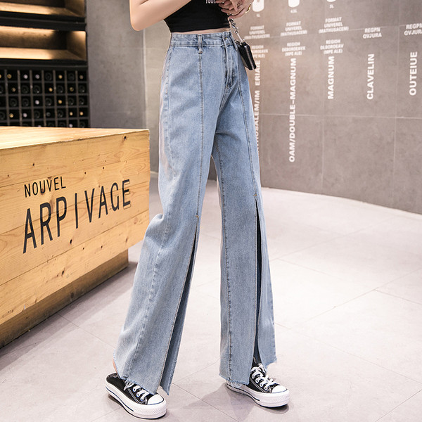 Blugi largi de dama cu talie inalta si crapata