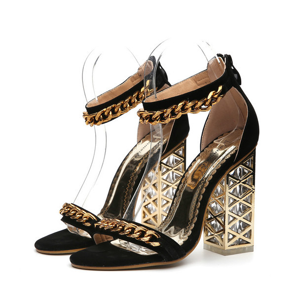 Sandale de dama elegante cu toc gros si element metalic