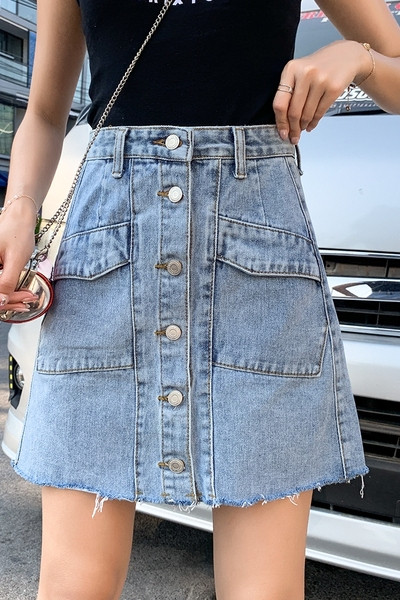 Дамска дънкова пола с висока  талия и копчета