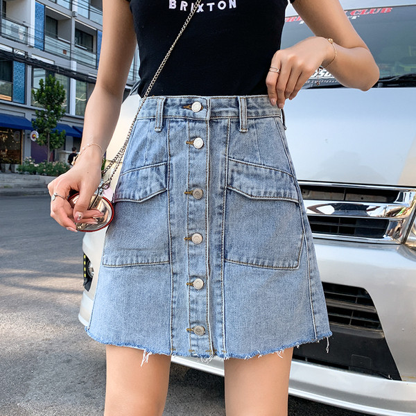 Дамска дънкова пола с висока  талия и копчета