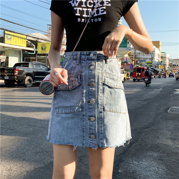 Дамска дънкова пола с висока  талия и копчета