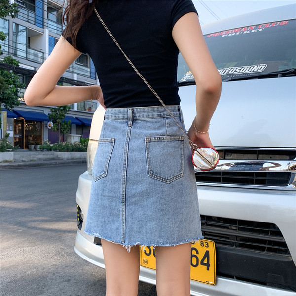 Дамска дънкова пола с висока  талия и копчета