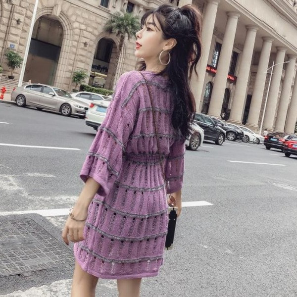 Лилава дамска рокля с 7/8 ръкави и връзки на талията 