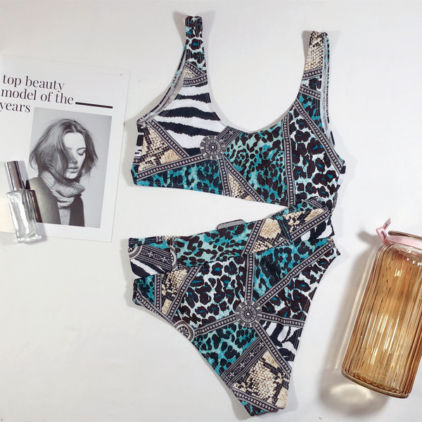 NOU Model de costum de baie din două piese cu imprimeu șarpe și pantaloni cu talie înaltă