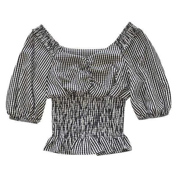 Bluză de damă scurtă în carouri cu decolteu în V