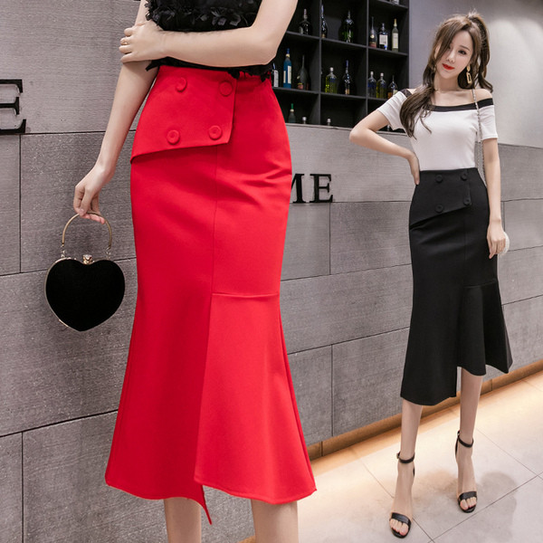 Fusta casual dama cu talie inalta si nasturi - model asimetric