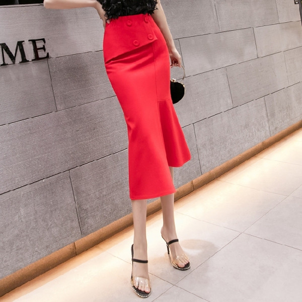 Fusta casual dama cu talie inalta si nasturi - model asimetric