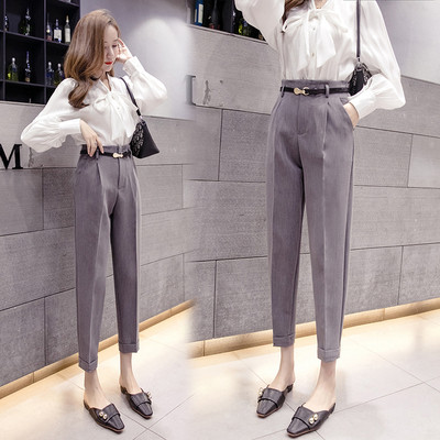 Модерен дамски панталон с висока талия и колан - прав модел 