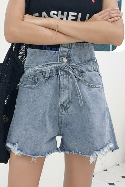 Ženske traper kratke hlače s visokim strukom i vezanjem