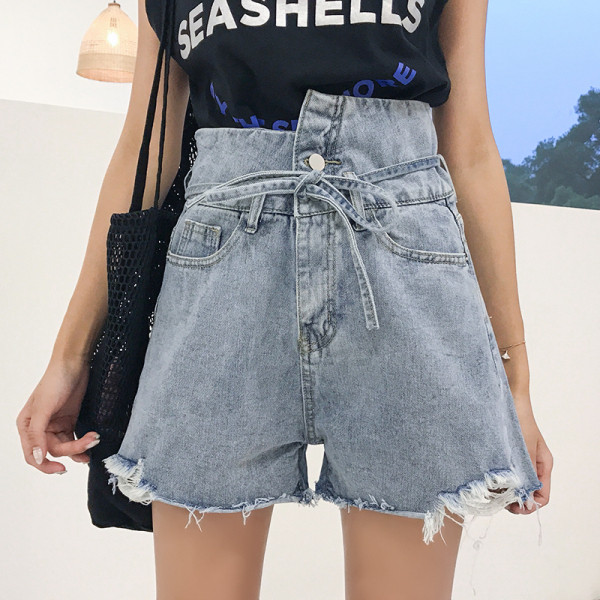 Ženske traper kratke hlače s visokim strukom i vezanjem