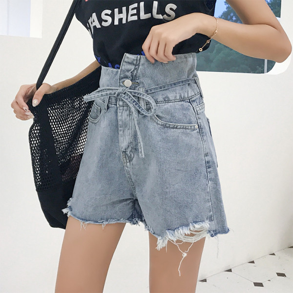 Ženske traper kratke hlače s visokim strukom i vezanjem