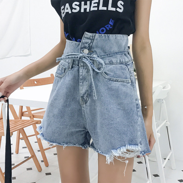 Ženske traper kratke hlače s visokim strukom i vezanjem