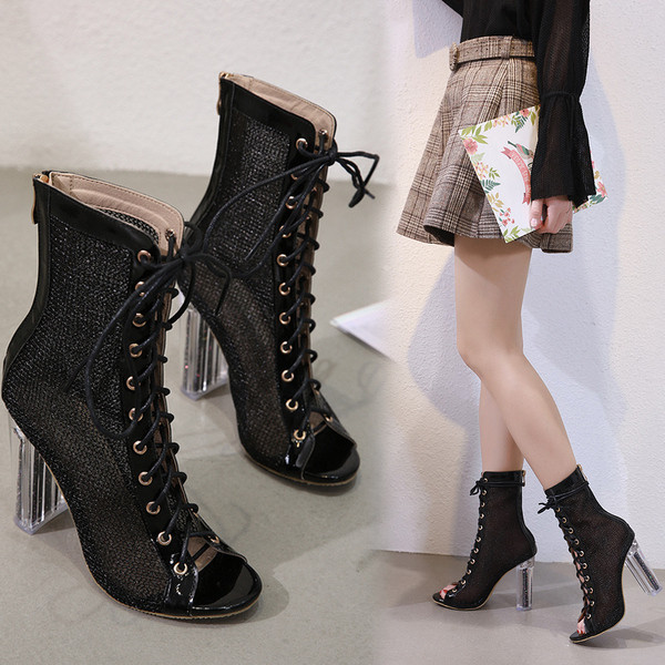 Pantofi moderni de dama cu toc inalt cu siret cu model