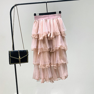 Модерна дамска пола с висока талия и тюл в розов цвят