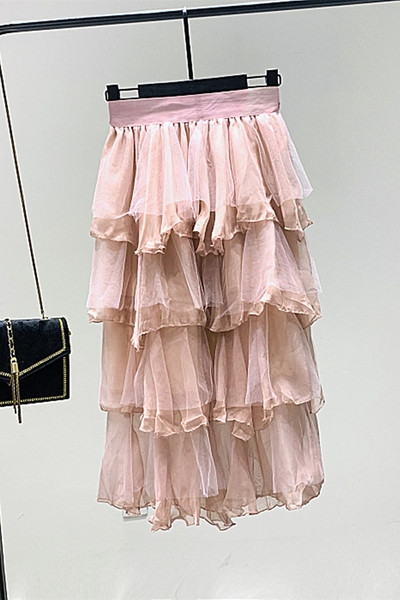 Fusta de dama moderna cu talie inalta si tul in roz