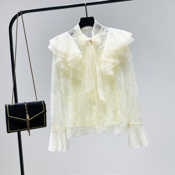 Új modell csipke női ing lótusz ujjal és szalaggal