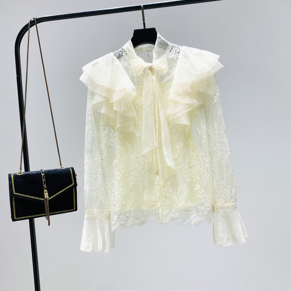 Új modell csipke női ing lótusz ujjal és szalaggal