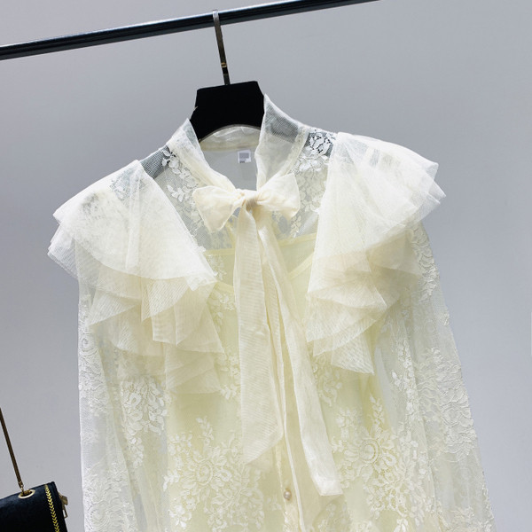 Új modell csipke női ing lótusz ujjal és szalaggal