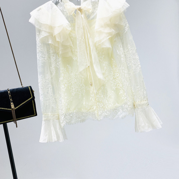 Új modell csipke női ing lótusz ujjal és szalaggal