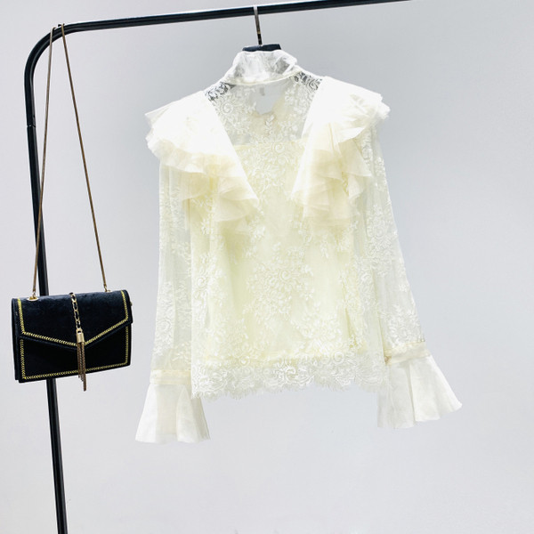 Új modell csipke női ing lótusz ujjal és szalaggal