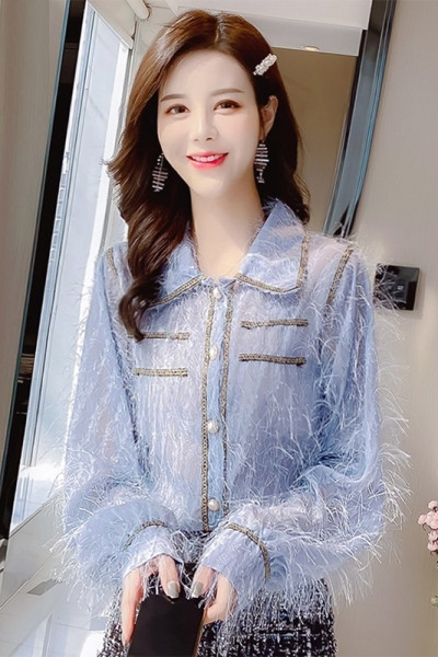 Alkalmi női ing rojtokkal és klasszikus gallérral