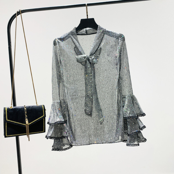 Új modell női ing szalaggal és lótusz ujjal