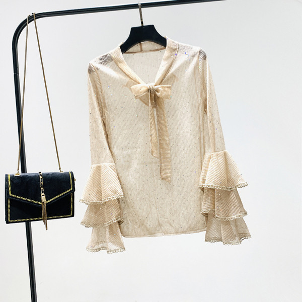 Új modell női ing szalaggal és lótusz ujjal