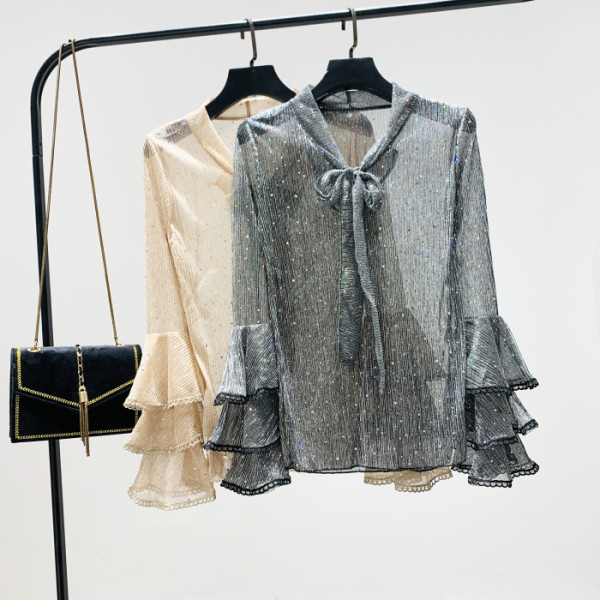 Új modell női ing szalaggal és lótusz ujjal