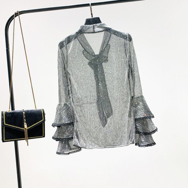 Új modell női ing szalaggal és lótusz ujjal