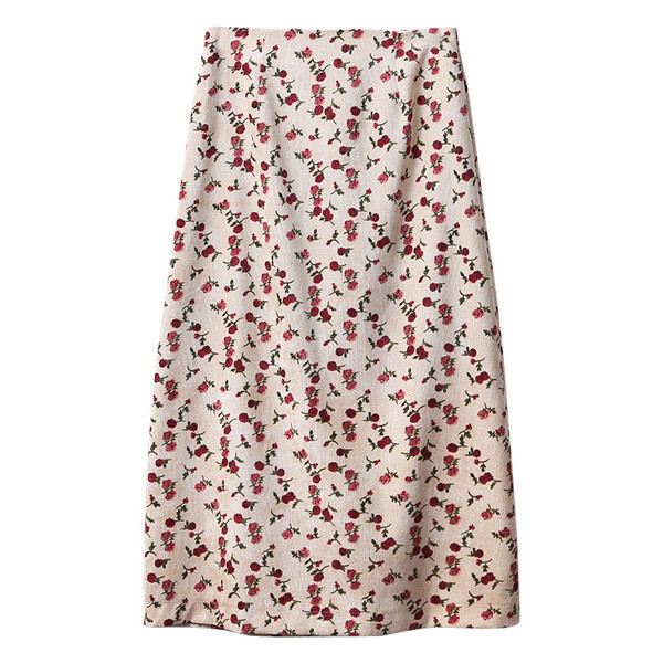 Tavaszi női szoknya kordbársonyból, magas derékkal és virágmotívumokkal