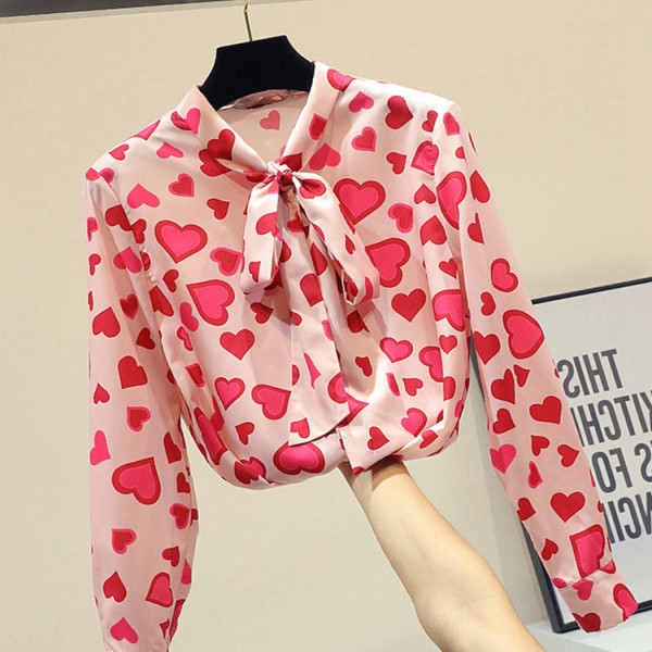 Cămașă elegantă de damă cu inimioare și guler cu panglică
