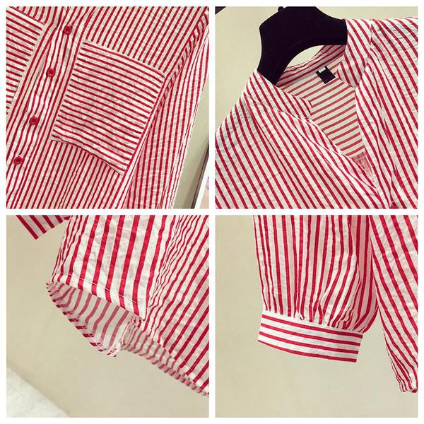 Модерна дамска раирана риза с ниска яка и копчета