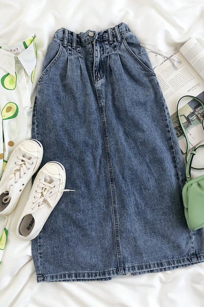 Hosszú női farmerszoknya, magas derékkal