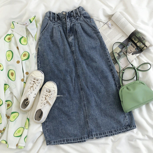 Hosszú női farmerszoknya, magas derékkal