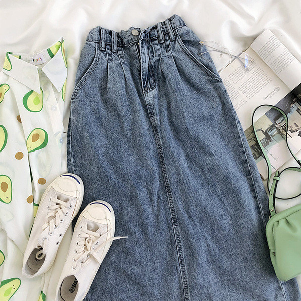 Hosszú női farmerszoknya, magas derékkal