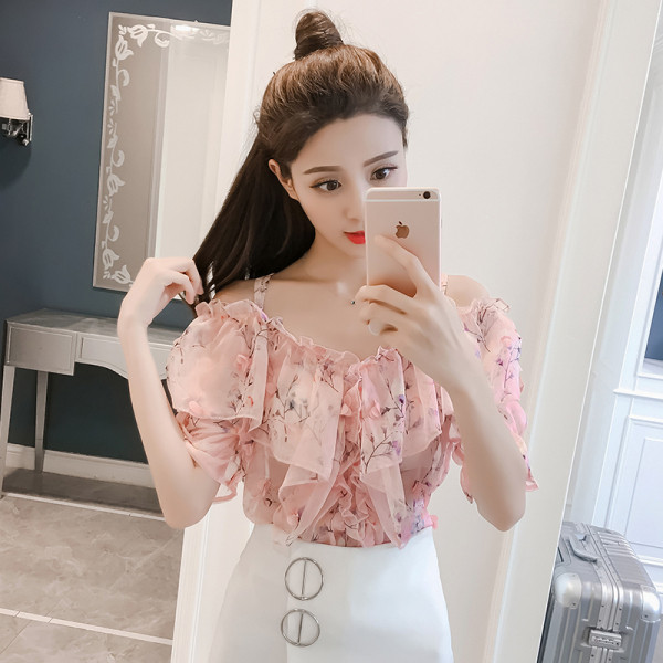 Új modell női blúz spitz nyakkivágással, virágmintával és csupasz váll