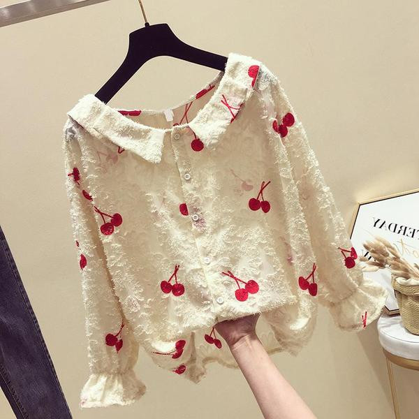 Modern női ing cseresznye hímzéssel és kerek nyakkivágással