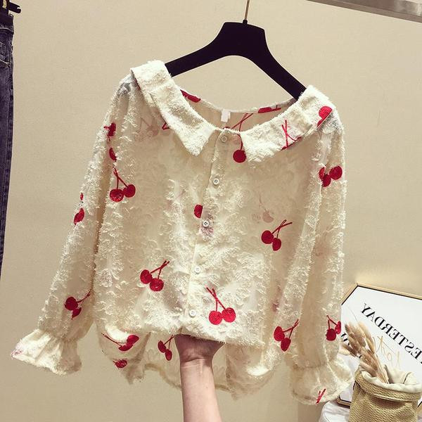 Modern női ing cseresznye hímzéssel és kerek nyakkivágással