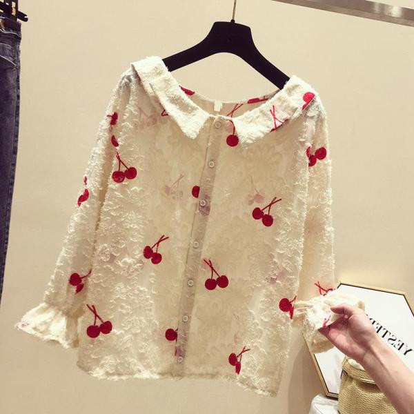 Modern női ing cseresznye hímzéssel és kerek nyakkivágással