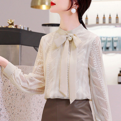 Стилна дамска риза с панделка,бродерия и дълъг ръкав
