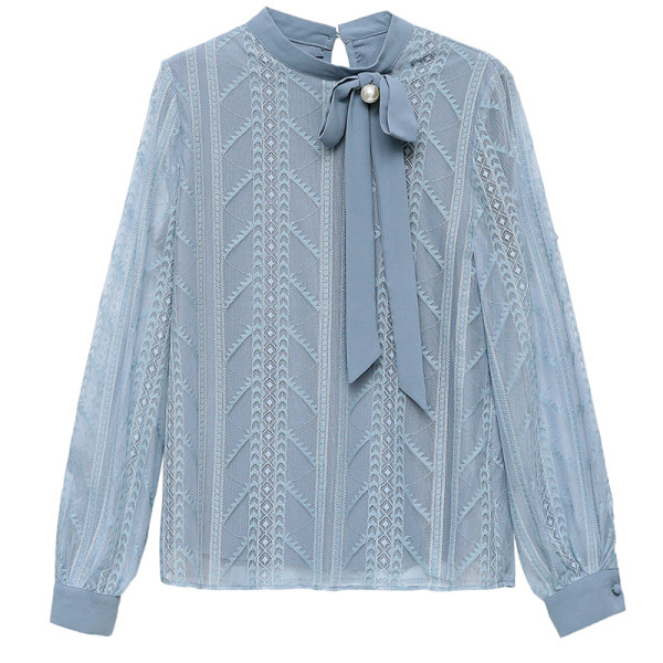 Stílusos női ing szalaggal, hímzéssel és hosszú ujjal