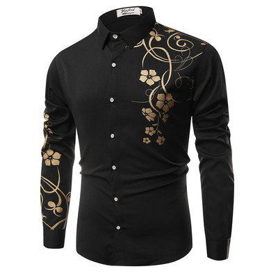Модерна мъжка риза с класическа яка,дълъг ръкав и флорален десен 