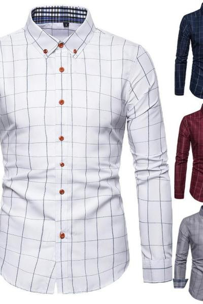 Cămașă casual bărbătească în carouri, cu guler clasic și mâneci lungi