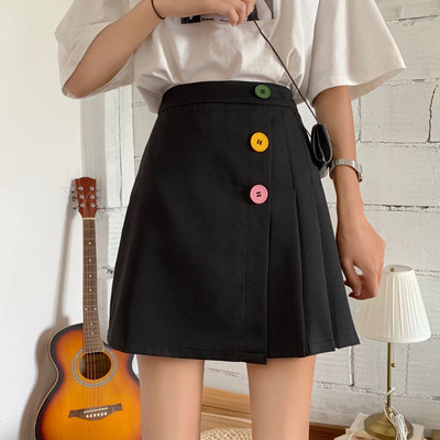 Нов модел дамска пола с висока талия,плисирана част и цветни копчета