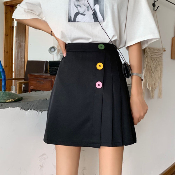 Új modell női szoknya magas derékkal, redős résszel és színes gombokkal