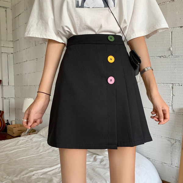 Új modell női szoknya magas derékkal, redős résszel és színes gombokkal