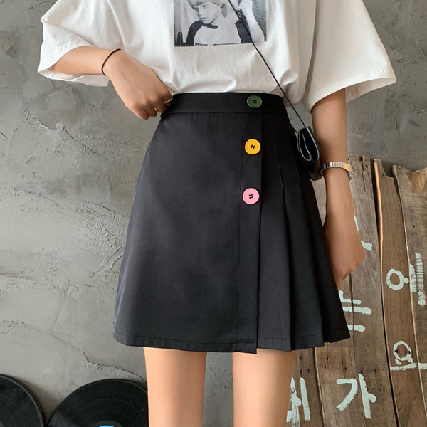 Új modell női szoknya magas derékkal, redős résszel és színes gombokkal