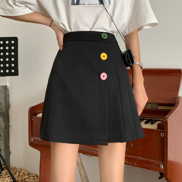 Új modell női szoknya magas derékkal, redős résszel és színes gombokkal