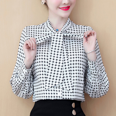 Модерна дамска риза от шифон с връзки и дълъг ръкав