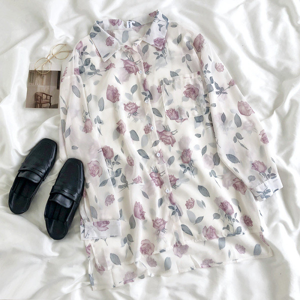 Modern női ing virágmintával és zsebbel